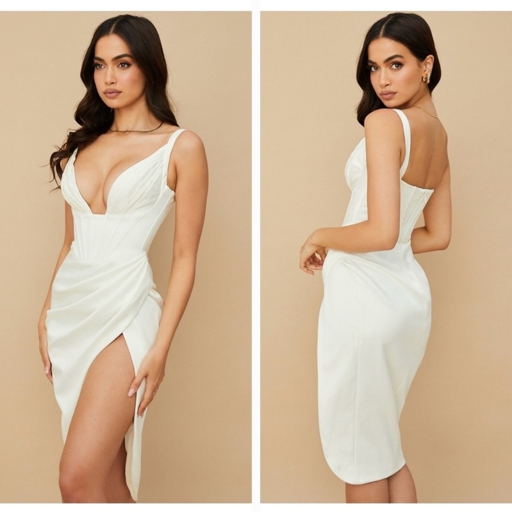 House of CB Faye Ivory Satin Corset Midi Dress size XS NWT